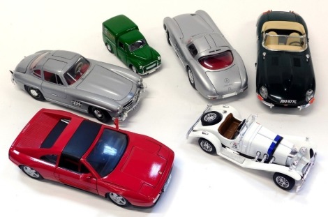 Six Bravo and other 1:18 scale model cars, comprising Burago Mercedes 300SL 1954, Burago Jaguar E 1961, Maisto Mercedes Benz 300SLR, Maisto STS, Sioco 1-26 scale Morris Minor and Burago 1:24 scale Mercedes SSK. (6)