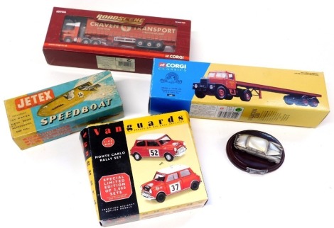 Diecast models, comprising a Corgi Classic Scammell Highwayman 33ft trailer set, Jetex speedboat, Vanguard Monte Carlo Rally set and a Corgi Road Scene limited edition Mercedes Actros curtain side Craven Transport lorry and MKII Jaguar car model. (5)