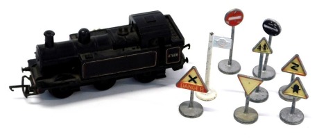 A Tri-ang R52 locomotive, in black livery, 47606, and a small group of model railway road signs. (a quantity)