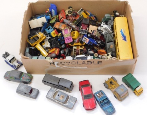 A quantity of play worn diecast vehicles, buses, racing cars, milk wagons, etc. (1 box)