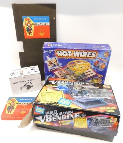 A group of toys and games, comprising Waddingtons Buccaneer, Gather Goods, Real Reality, Haynes Build Your Own V8 Engine, and Wires Electronic Set. (5)