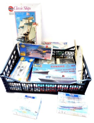 Airfix and Smer model boat kits, to include Revell Queen Elizabeth II, Queen Mary, Smer Avro 504K, Sopwith Camel, RAF Essie 5A, Italari Hawk, Airfix Classic Ships Special Edition HMS Victory 1765, etc. (1 box)