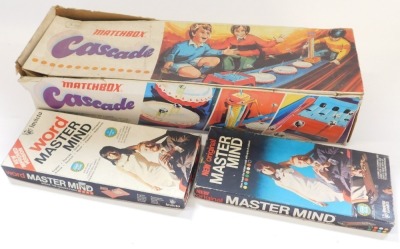 A Matchbox Cascade cased game, and two Mastermind board games. (3)