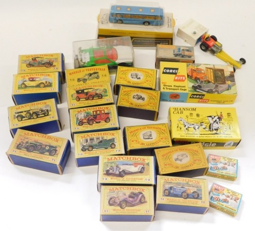 A collection of Dinky and Lesney Matchbox Models of Yesteryear, comprising Matchbox Y14, Y6, Y13, Y5, Y1, Y11, Y15, Y10, Y7, Y6, and Models of Yesteryear by Lesney, No 2, No 5, No 3, No 15, Corgi Kits Elephant Page (empty box), Matchbox, Dinky, Viceroy 37