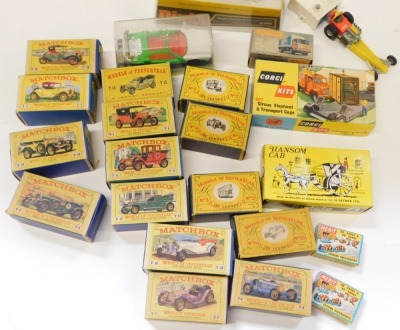 A collection of Dinky and Lesney Matchbox Models of Yesteryear, comprising Matchbox Y14, Y6, Y13, Y5, Y1, Y11, Y15, Y10, Y7, Y6, and Models of Yesteryear by Lesney, No 2, No 5, No 3, No 15, Corgi Kits Elephant Page (empty box), Matchbox, Dinky, Viceroy 37 - 2