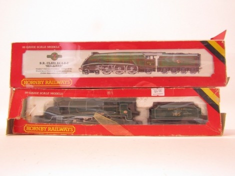 Two Hornby OO gauge locomotives, comprising Class A4 Mallard, 4-6-2, 60022, BR line green and a Class N15 locomotive Sir Dinadan, 4-6-0, 795 Southern Railways green. (2)