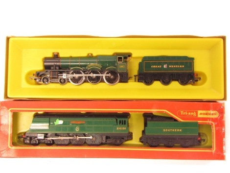 A Hornby OO gauge locomotives, comprising a rebuilt Patriot Class locomotive Winston Churchill, 4-6-2, 21C151, Southern Railway green, and a Hall Class locomotive Albert Hall, 4-6-2, 4983 Great Western line green. (2)