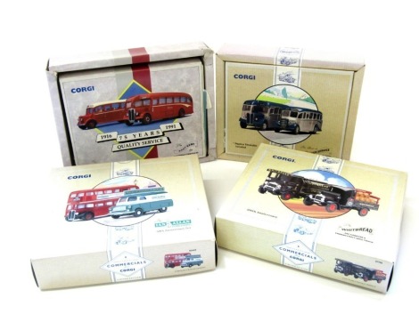 Corgi Classic Commercials diecast, comprising 96995 The Ian Allan Publishing Set, The Buses of the Silver Service AC Regal and Bedford Coach, The 250th Anniversary of the Whitbread Brewery AEC cab over and Thornycroft Beer truck, and a East Kent 75 Years 