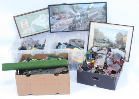 OO gauge scenics and accessories, including trees, bushes, track, etc. together with three railway pictures, including one jigsaw, framed. (4 boxes and 3 pictures)