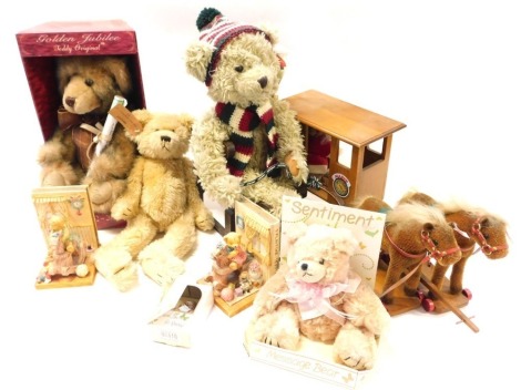 Soft toys, including a Golden Jubilee Teddy original 1952-2002, Sentiment bear, horses and carriage, tobogganing Teddy, etc. (a quantity)