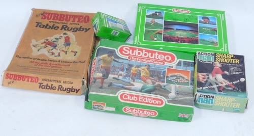 Subbuteo, including Subbuteo Club Edition, Subbuteo International Edition Table Rugby, Action Man Shark Shooter, etc. (1 box)