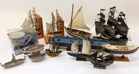 Boat related items, including a narrow boat, pair of bookends, RMS Titanic cup, etc. (1 box)