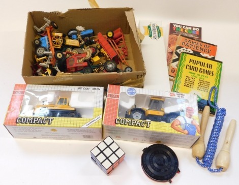 Diecast and other toys, including Britains farming implements, tractors and trailers, Joal compact JCB Fastrac 155-65, Joal compact Caterpillar Tractor Cat Challenger, etc. (1 box)