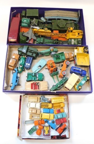 A group of Matchbox diecast vehicles, play worn, to include Coca-Cola truck, racing cars, diggers, pallet truck, etc. (3 boxes)