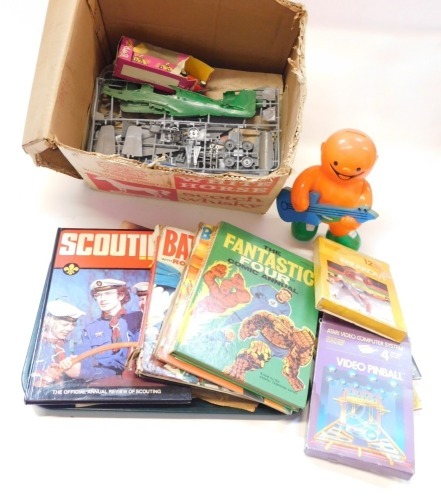 Toys and games, to include Atari Video cassette boxes, Jelly Baby Guitar Player, kit builds, annuals, etc. (1 box)