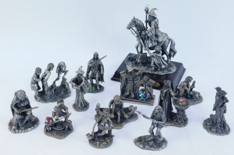 Myth and Magic by Tudor Mint Lord of the Rings figures, comprising Frodo Baggins (x2), Sam Gamgee, The Mirror of Galadriel, Treebeard (Fangorn), The Wrong Spell, Frodo Sam and Gollum, Bilbo Baggins, Gollum, Orc, Gandalf, Aragorn (Strider) and Gandalf and 