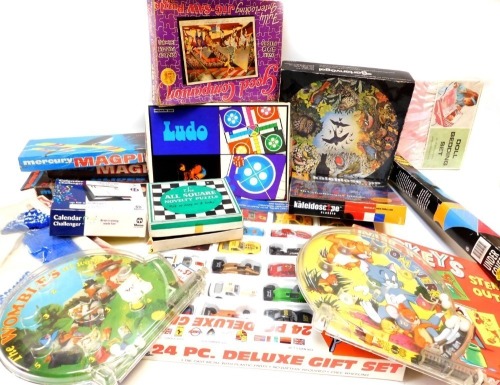 Games and puzzles, including the All Square novelty puzzle, Ludo, Mercury Magpie Gliders, Mickey Stencil outfit, Tom and Jerry pinball, etc. (1 box)