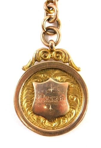 A 9ct gold Albert watch chain, with T-bar end, attached to a 9ct gold fob, marked 1904, 38cm long, 51g,