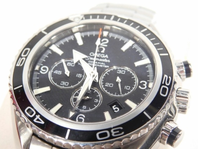 An Omega Seamaster Co-Axial Automatic chronometer chronograph, with stainless steel bracelet, articulated bezel, 3cm diameter black dial, with three further dials, baton and Arabic numerals, and arrow pointers, the strap marked Professional Planet Ocean w - 2