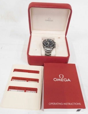 An Omega Seamaster Co-Axial Automatic chronometer chronograph, with stainless steel bracelet, articulated bezel, 3cm diameter black dial, with three further dials, baton and Arabic numerals, and arrow pointers, the strap marked Professional Planet Ocean w - 5