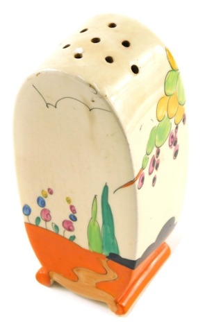 A 20thC Clarice Cliff Bonjour sugar shaker, decorated with tree and flowers in orange, green and yellow, printed marks beneath with cork stopper, 14cm high.