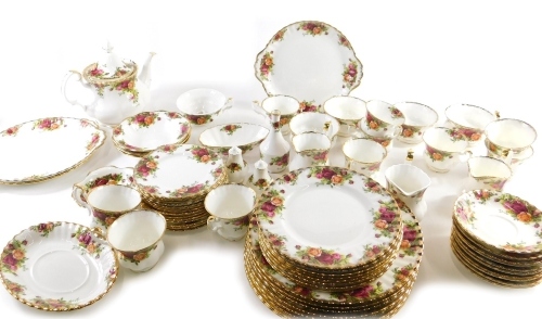 A comprehensive Royal Albert Old Country Roses part dinner service, to include dinner plates, 26cm diameter, side plates, cups, saucers, bowls, serving pieces, etc., printed marks beneath, part settings for eight.