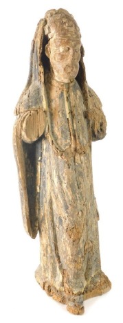 A continental polychrome painted and carved wooden figure of a priest, wearing robes, etc., on a square base, possibly 17thC, 76cm high. (AF)