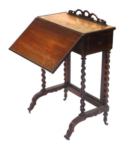 A 19thC Italain rosewood side table, with fret work top, drop leaf, and drawer stamped PoSPEICH Genova, on barley twist legs and down splay feet with castors, 80cm high, 59cm wide.