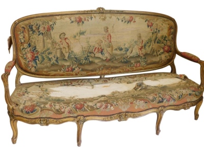 A Louis XVI style giltwood show frame sofa, with tapestry upholstery (AF), 204cm over arms.