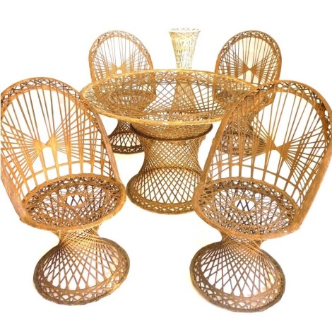 A painted wire work patio set, comprising four hoop back chairs, circular table, and wine cooler stand.