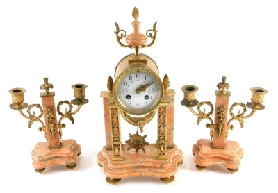 A French marble and gilt metal clock garniture, the 8cm diameter enamel Arabic dial surmounted by an urn with pineapple finial, with a beaded border, supported by pierced garland columns on a serpentine stepped base terminating in brass feet, with two bra