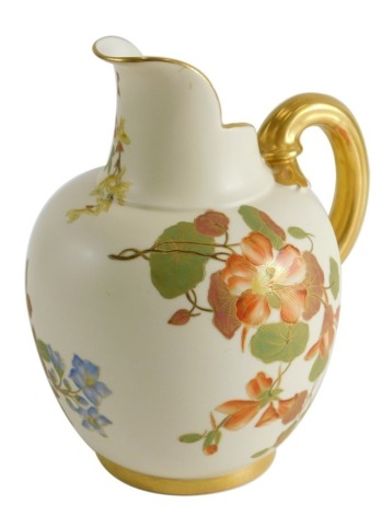 An early 20thC Royal Worcester Mermod and Jaccard blush ivory jug, with tusk spout, strap C scroll handle, and bulbous body decorated with flowers on gild lined base, marked beneath, 18cm high.