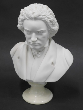 After Giammelli. A Parion bust of Beethoven, on marble finished socle, signed verso, 28cm high.