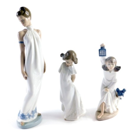 Various Nao figures, lady in flowing robes, figure of a girl, number 1109, and another girl holding lantern aside dog, 21cm high. (3)