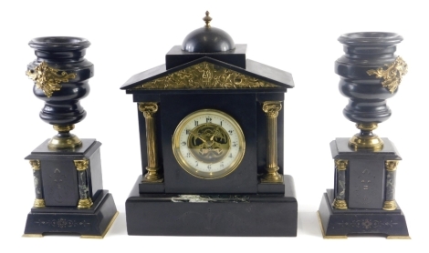 An associated late 19thC French clock garniture, comprising portico shaped clock with dome, cast brass frieze and two pillars, 36cm high, and a pair of urns with gilt metal mounts and marble columns, 32cm high.