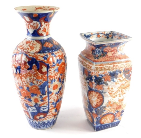 A late 19th/early 20thC Japanese Imari porcelain vase, with flared lid rim (AF), 40cm high, and a Japanese Imari square sectioned vase, 32cm high.