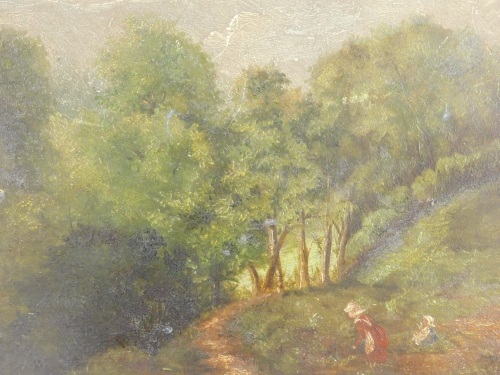 19thC English School. Figures in a wooded landscape, oil on board, unsigned, 15cm x 20cm, unframed.