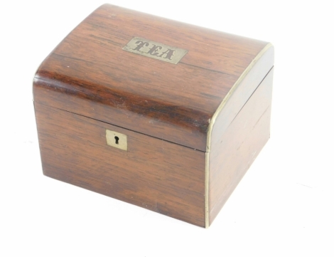 A Victorian rosewood and pewter strung tea caddy, with domed lid enclosing a painted wooden cover, 14cm wide.