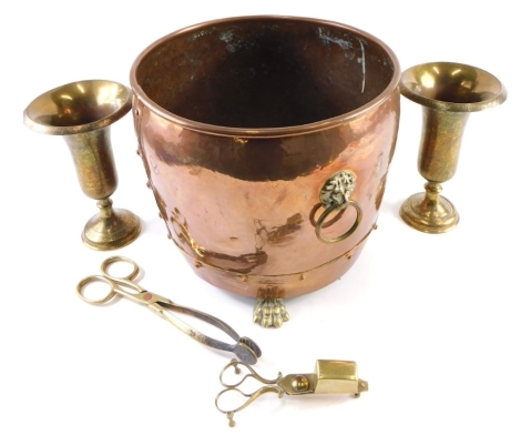 A copper jardiniere, various brassware, pair of vases. (a quantity)