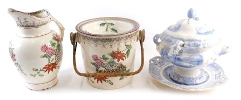 A Victorian Ionia pattern slop bowl, with aesthetic decoration of flowers, etc., a matching jug (AF), and a 19thC Lucerne pattern tureen, cover, stand, and associated ladle.