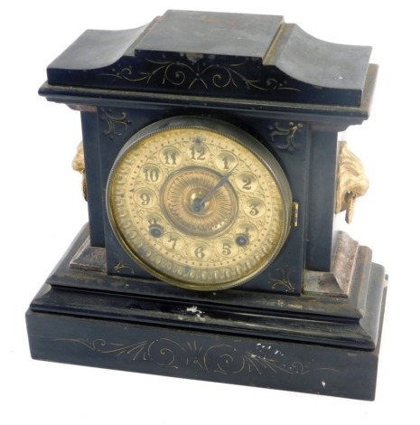 A late 19thC Ansonia mantel clock, in ebonised cast iron base decorated to simulate slate or marble, 28cm high.