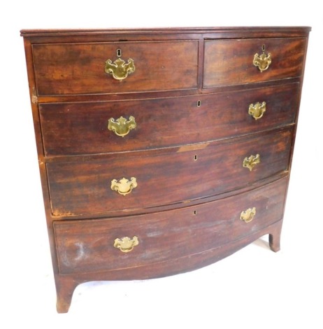 A George III mahogany bow front chest of two short and three long graduated drawers, with brass solid back plate handles, and splay feet, 106cm wide. (AF)