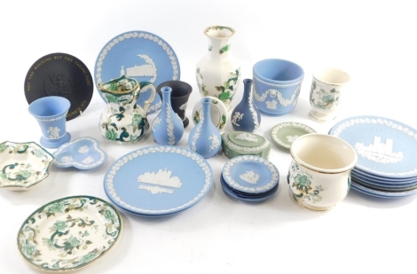 Various Masons Ironstone, Wedgwood blue Jasperware etc., a Jasperware jardiniere decorated with garlands and classical figures, 12cm high, Masons Ironstone Chartreuse pattern jardiniere vase, jug, etc., printed marks beneath. (a quantity)