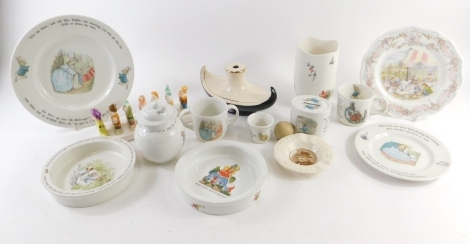 Various Bunnykins and other pottery, Royal Doulton This Was Their Finest Hour Winston Churchill ashtray, Seven Dwarf toast rack, 9cm high, Bunnykins plate, etc. (a quantity)