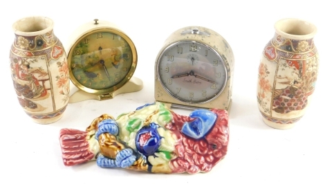 Various pottery and effects, a vintage articulated Smiths Halm alarm clock, with moving cockerel, 15cm high, further Smiths alarm clock, two Satsuma style vases, and a Majolica parrot wall hanging. (a quantity)