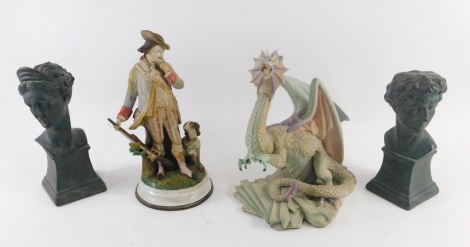 Various ornaments, Enchantica resin dragon figure, 26cm high, two Roman style busts and a bisque figure of a gentleman holding rifle. (4)