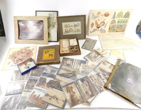 Various ephemera, games, toys, etc., trade cards, a quantity of indentures, serpent print, frame, Ekco lamps and fluorescent lighting sign, vintage teaching aides, etc. (a quantity)