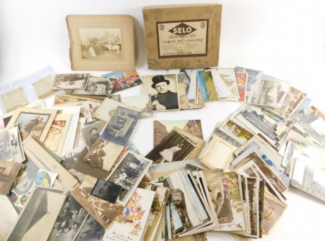 Various postcards and ephemera, seaside comedy cars, Lucy Atwell type, Depot of The Lincoln Regiment and other black and white postcards, quantity of various others, a Selo box containing various black and white photographs, to include figure on horse and