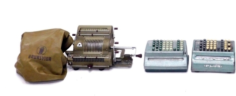 A vintage Brunsviga adding machine, 28cm wide, and two other metal cased adding machine/calculators. (3)