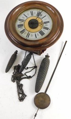 A 20thC walnut cased wall alarm clock, with acorn weights, 18cm diameter Roman numerate dial, in plain case with pendulum.